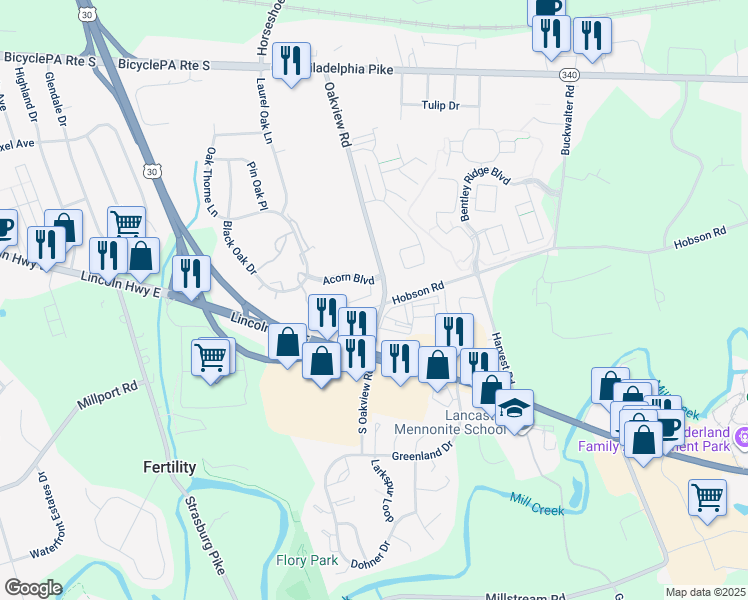map of restaurants, bars, coffee shops, grocery stores, and more near 9 Acorn Boulevard in Lancaster
