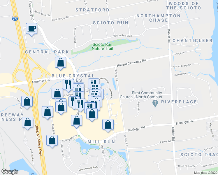 map of restaurants, bars, coffee shops, grocery stores, and more near 3872 Lakedale Drive in Hilliard