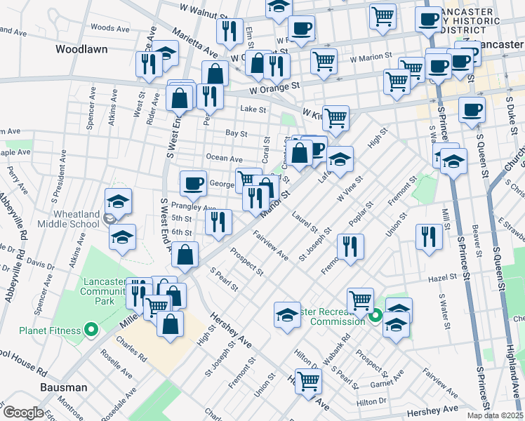 map of restaurants, bars, coffee shops, grocery stores, and more near 754 Manor Street in Lancaster
