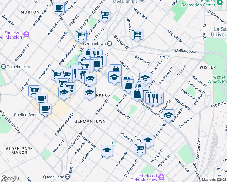 map of restaurants, bars, coffee shops, grocery stores, and more near 31 West Coulter Street in Philadelphia
