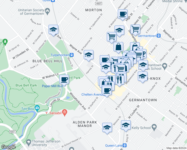 map of restaurants, bars, coffee shops, grocery stores, and more near 5920 Pulaski Avenue in Philadelphia