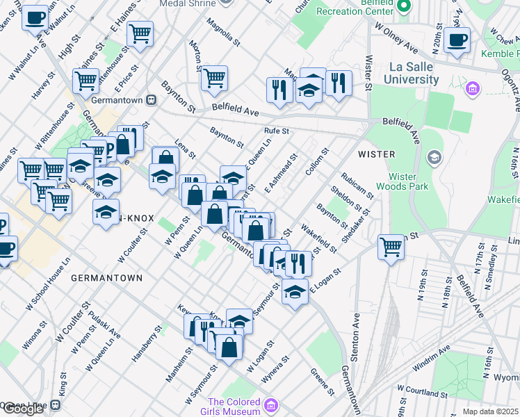 map of restaurants, bars, coffee shops, grocery stores, and more near 89 East Ashmead Street in Philadelphia