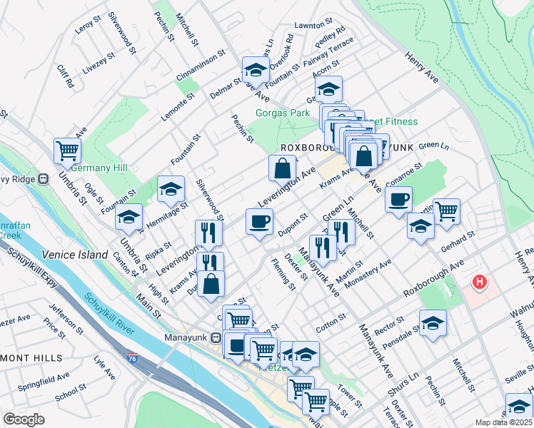 map of restaurants, bars, coffee shops, grocery stores, and more near 4564 Manayunk Avenue in Philadelphia