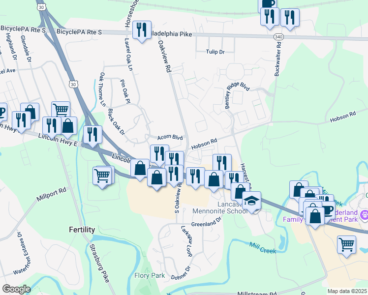 map of restaurants, bars, coffee shops, grocery stores, and more near 7 Acorn Boulevard in Lancaster