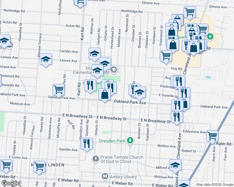map of restaurants, bars, coffee shops, grocery stores, and more near 1526 Oakland Park Avenue in Columbus