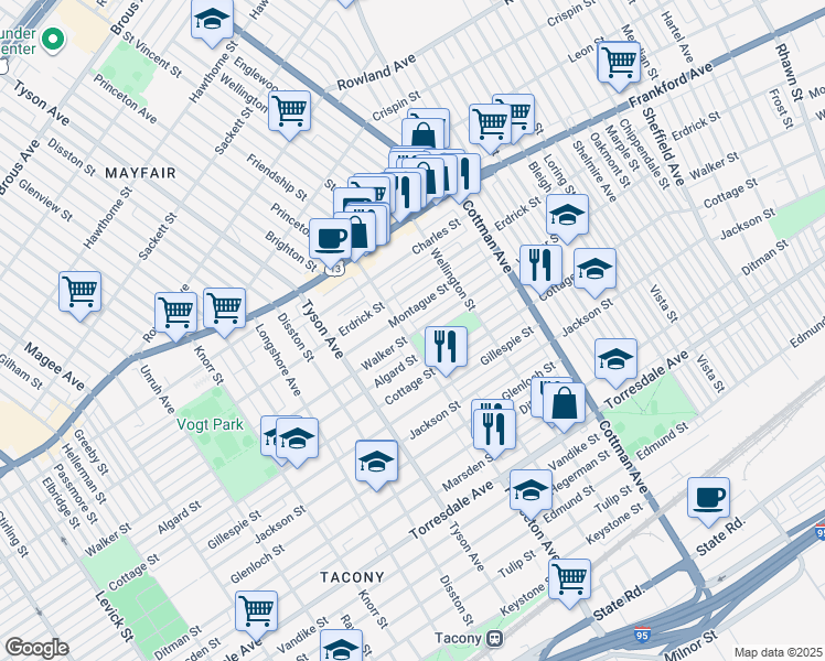 map of restaurants, bars, coffee shops, grocery stores, and more near 4301 Princeton Avenue in Philadelphia