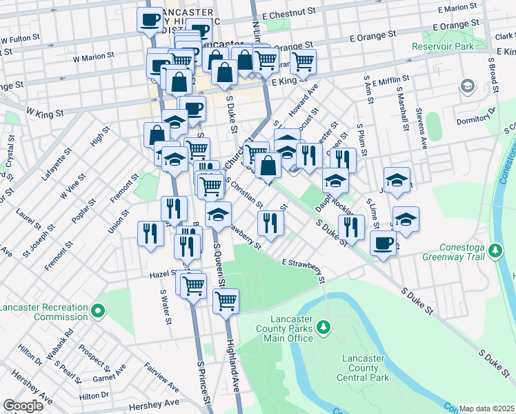 map of restaurants, bars, coffee shops, grocery stores, and more near 462 South Christian Street in Lancaster