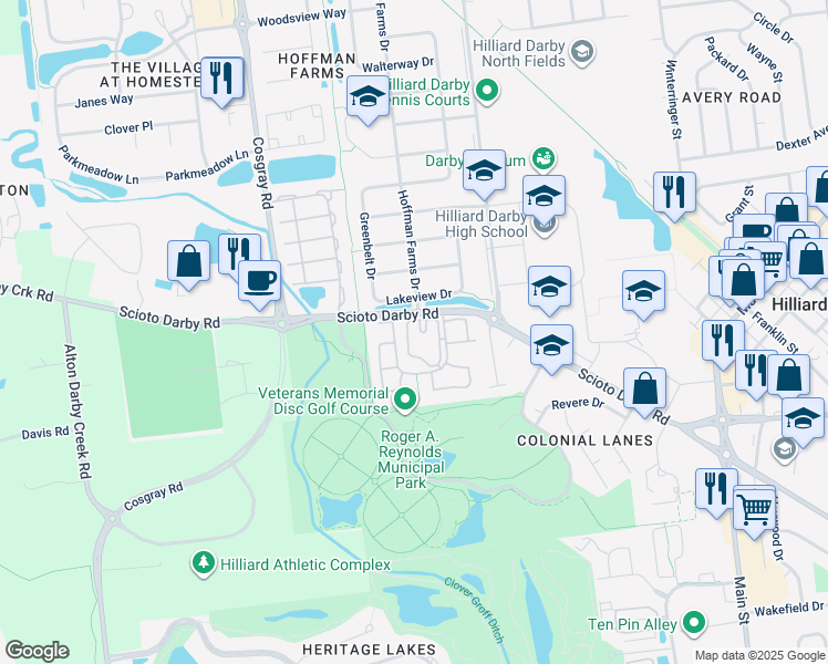 map of restaurants, bars, coffee shops, grocery stores, and more near 3978 Darby Park Road in Hilliard