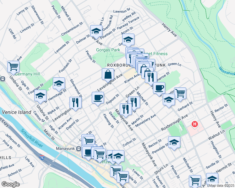 map of restaurants, bars, coffee shops, grocery stores, and more near 376 Dupont Street in Philadelphia
