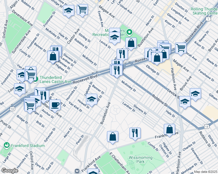 map of restaurants, bars, coffee shops, grocery stores, and more near 1965 Lardner Street in Philadelphia