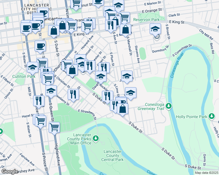 map of restaurants, bars, coffee shops, grocery stores, and more near 225 Juniata Street in Lancaster