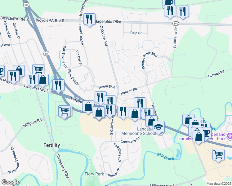 map of restaurants, bars, coffee shops, grocery stores, and more near 7 Acorn Boulevard in Lancaster