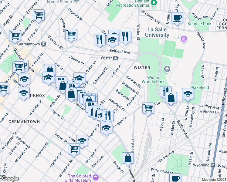 map of restaurants, bars, coffee shops, grocery stores, and more near 232 North Wister Street in Philadelphia