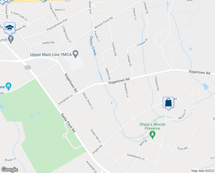 map of restaurants, bars, coffee shops, grocery stores, and more near 1360 Sugartown Road in Berwyn