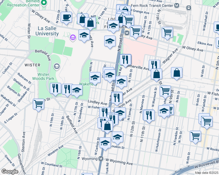 map of restaurants, bars, coffee shops, grocery stores, and more near 5200 North Broad Street in Philadelphia