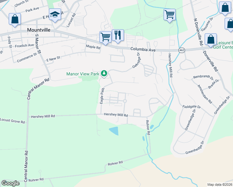 map of restaurants, bars, coffee shops, grocery stores, and more near 114 Jagger Lane in Mountville