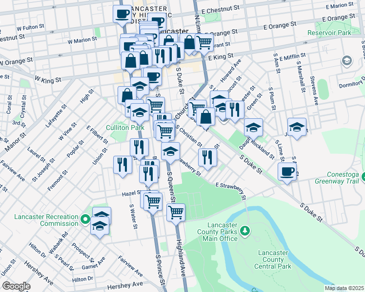 map of restaurants, bars, coffee shops, grocery stores, and more near 525 Locust Street in Lancaster