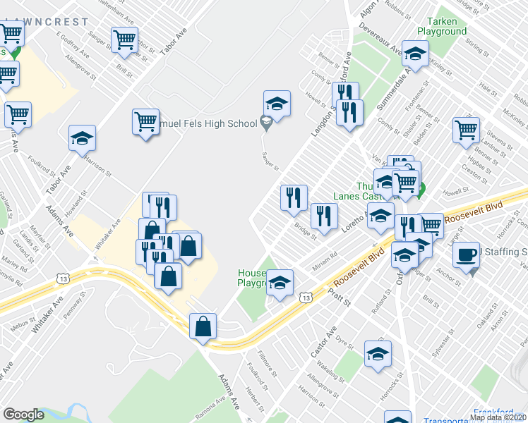 map of restaurants, bars, coffee shops, grocery stores, and more near 845 Granite Street in Philadelphia
