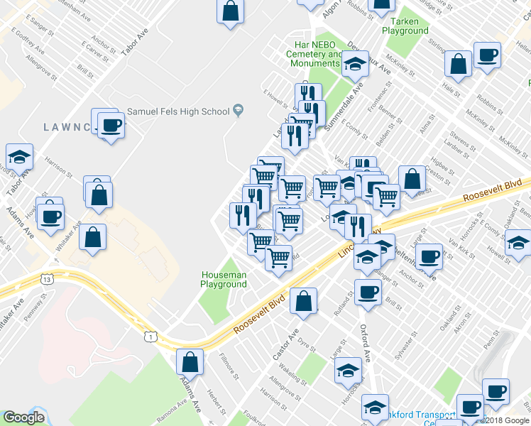 map of restaurants, bars, coffee shops, grocery stores, and more near 903 Scattergood Street in Philadelphia