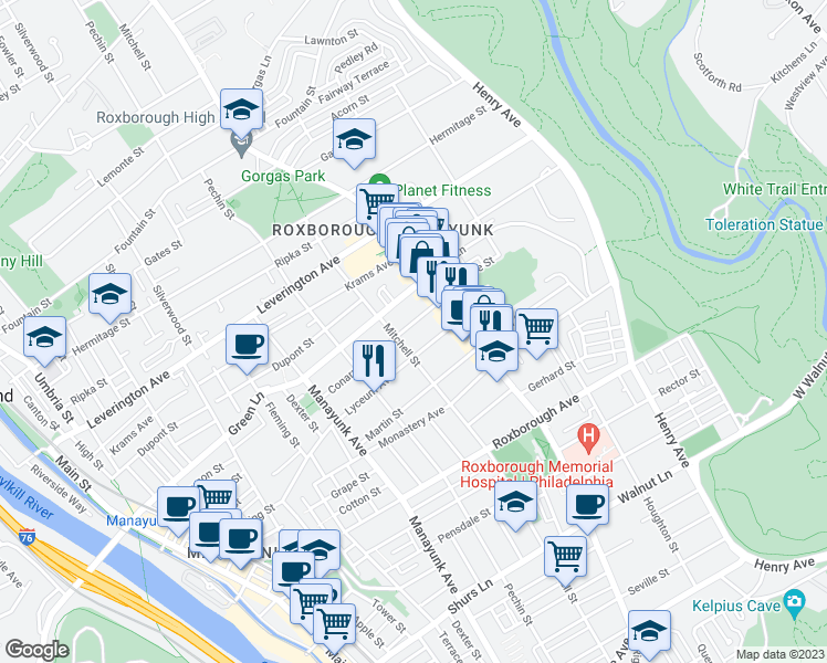 map of restaurants, bars, coffee shops, grocery stores, and more near 462 Lyceum Avenue in Philadelphia