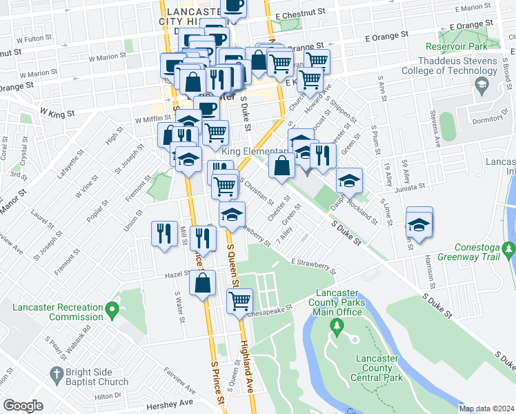 map of restaurants, bars, coffee shops, grocery stores, and more near 520 North Street in Lancaster