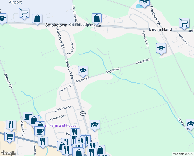 map of restaurants, bars, coffee shops, grocery stores, and more near 2538 Siegrist Road in Ronks