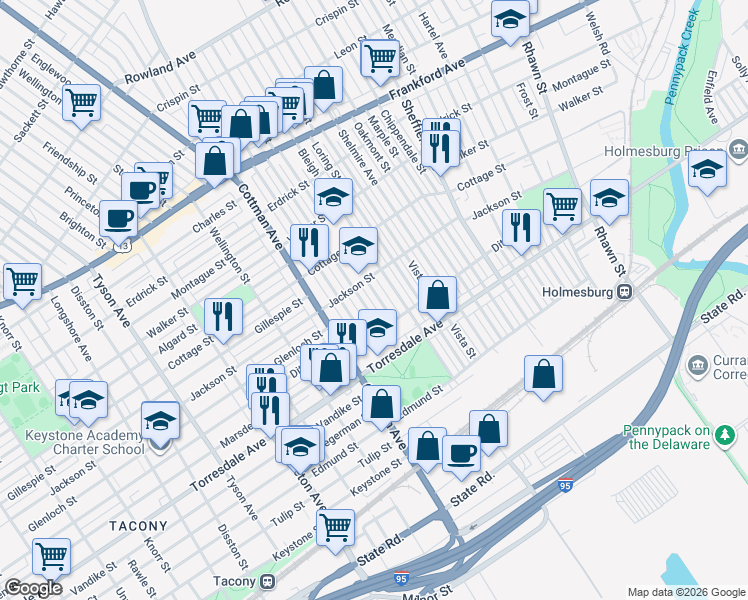 map of restaurants, bars, coffee shops, grocery stores, and more near 4555 Aldine Street in Philadelphia