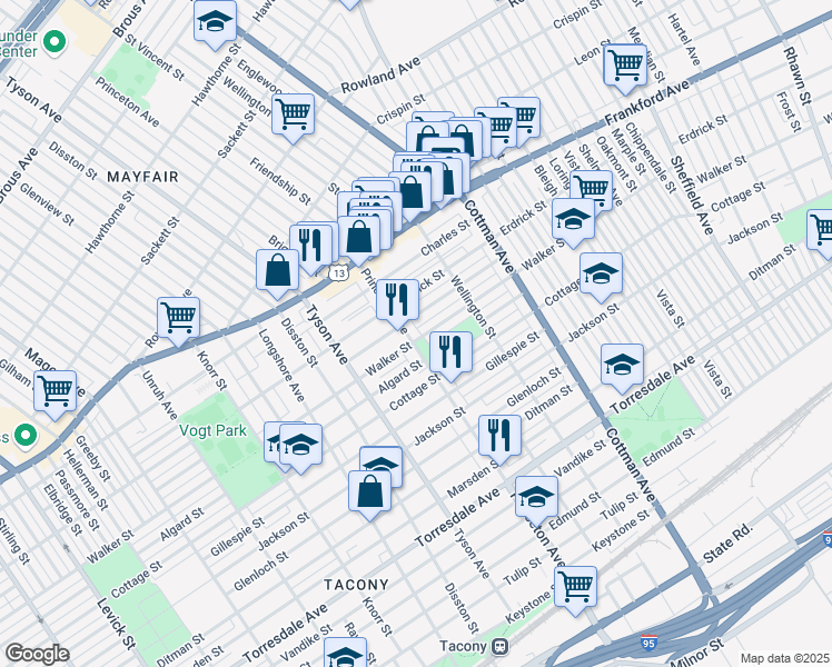 map of restaurants, bars, coffee shops, grocery stores, and more near 4301 Princeton Avenue in Philadelphia