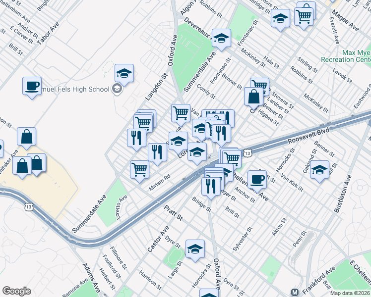 map of restaurants, bars, coffee shops, grocery stores, and more near 5450 Roosevelt Boulevard in Philadelphia