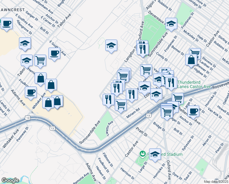 map of restaurants, bars, coffee shops, grocery stores, and more near 879 Bridge Street in Philadelphia
