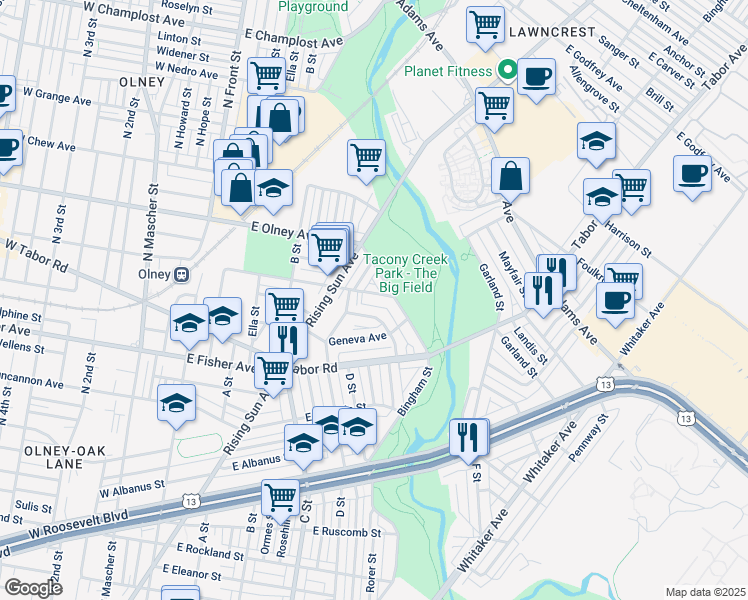 map of restaurants, bars, coffee shops, grocery stores, and more near 536 East Clarkson Avenue in Philadelphia