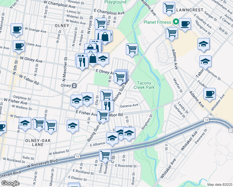 map of restaurants, bars, coffee shops, grocery stores, and more near 5401 Rising Sun Avenue in Philadelphia