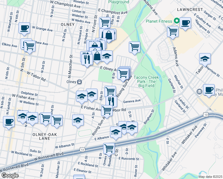 map of restaurants, bars, coffee shops, grocery stores, and more near 5402 B Street in Philadelphia