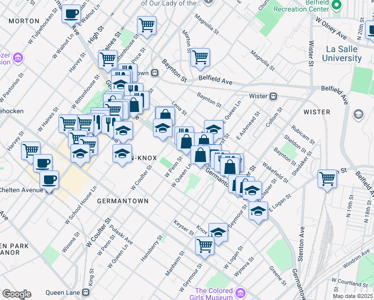 map of restaurants, bars, coffee shops, grocery stores, and more near 1 Penn Court in Philadelphia