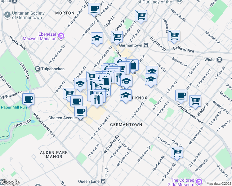 map of restaurants, bars, coffee shops, grocery stores, and more near 137 West School House Lane in Philadelphia