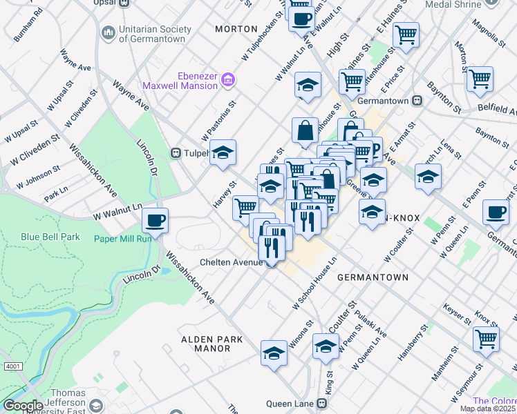 map of restaurants, bars, coffee shops, grocery stores, and more near 5801-23 Morris Street in Philadelphia