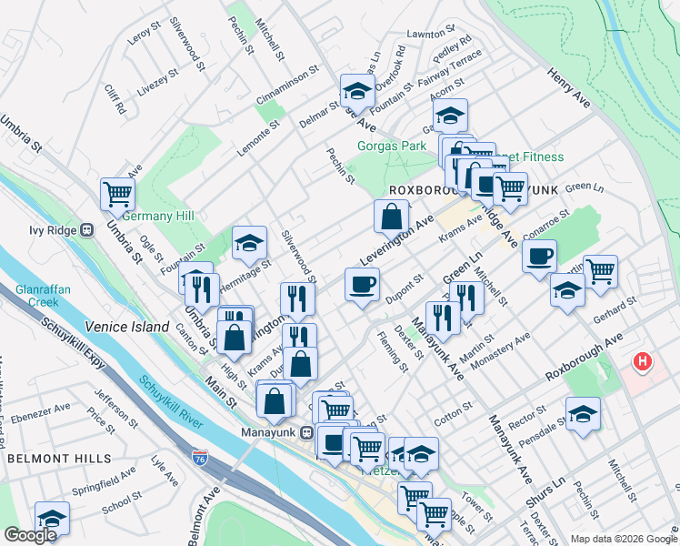 map of restaurants, bars, coffee shops, grocery stores, and more near 4582 Fleming Street in Philadelphia