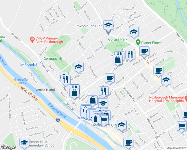 map of restaurants, bars, coffee shops, grocery stores, and more near 296 Leverington Avenue in Philadelphia
