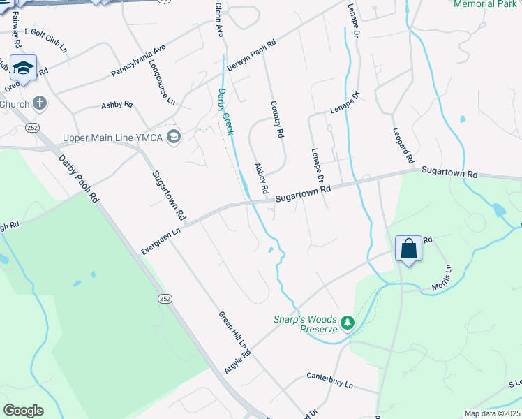 map of restaurants, bars, coffee shops, grocery stores, and more near 1360 Sugartown Road in Berwyn