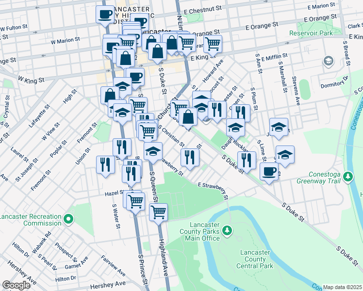 map of restaurants, bars, coffee shops, grocery stores, and more near 462 South Christian Street in Lancaster