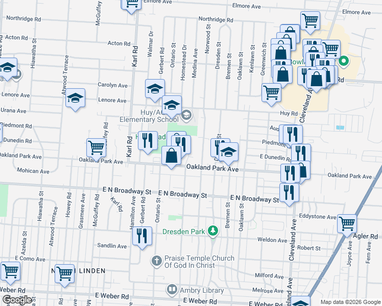 map of restaurants, bars, coffee shops, grocery stores, and more near 1526 Oakland Park Avenue in Columbus