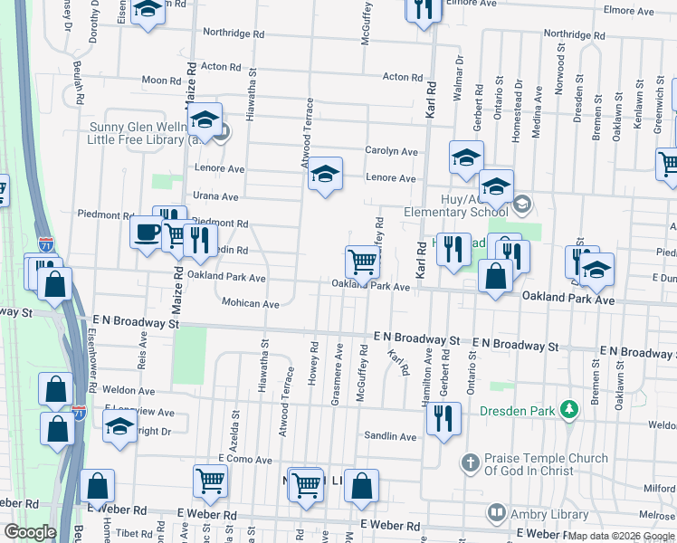 map of restaurants, bars, coffee shops, grocery stores, and more near in Columbus