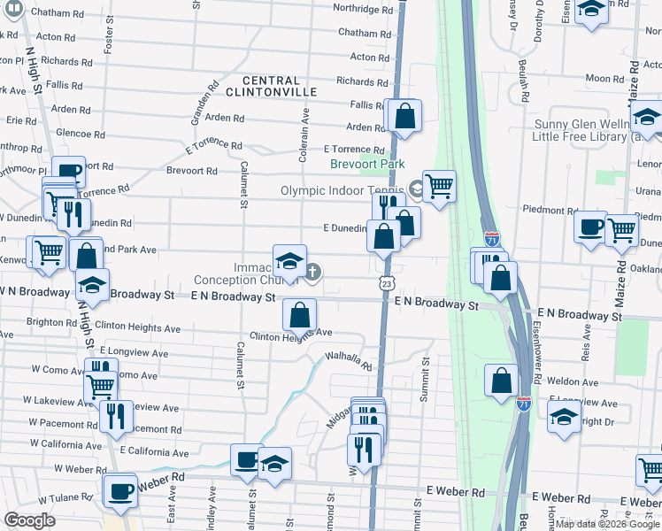 map of restaurants, bars, coffee shops, grocery stores, and more near in Columbus