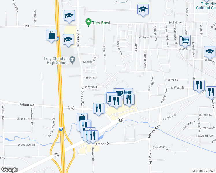 map of restaurants, bars, coffee shops, grocery stores, and more near 1482 Lantern Lane in Troy