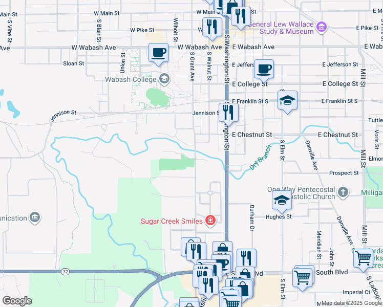 map of restaurants, bars, coffee shops, grocery stores, and more near 900 South Grant Avenue in Crawfordsville