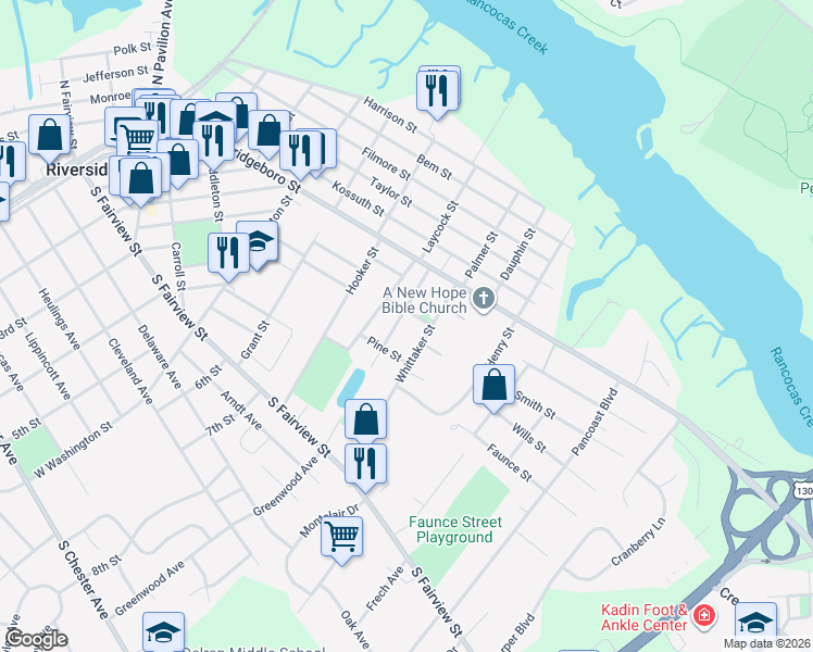 map of restaurants, bars, coffee shops, grocery stores, and more near 219 Whittaker Street in Riverside