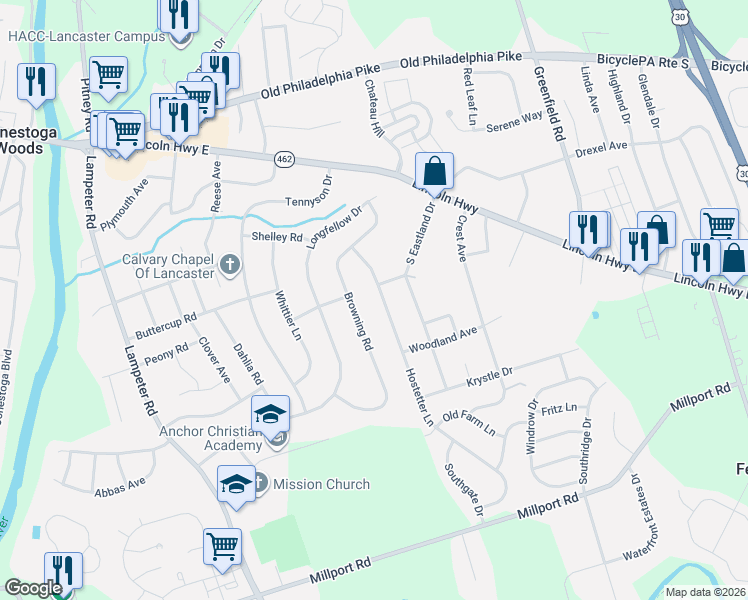 map of restaurants, bars, coffee shops, grocery stores, and more near 223 Browning Road in Lancaster
