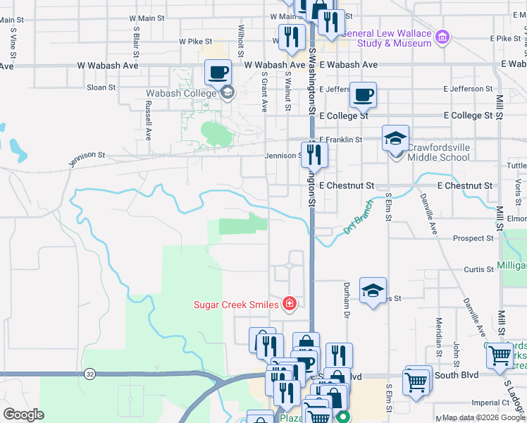 map of restaurants, bars, coffee shops, grocery stores, and more near 900 South Grant Avenue in Crawfordsville