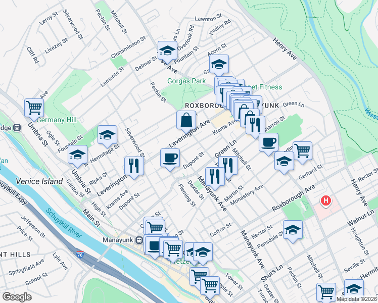 map of restaurants, bars, coffee shops, grocery stores, and more near 343 Krams Avenue in Philadelphia