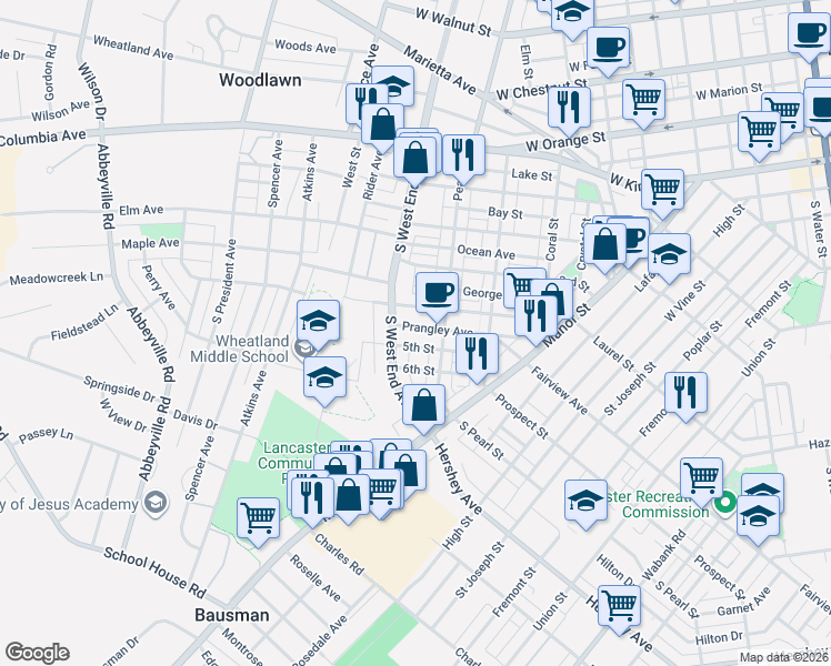 map of restaurants, bars, coffee shops, grocery stores, and more near 818 5th Street in Lancaster